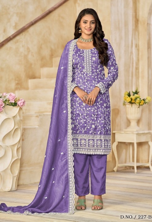 Crush Straight Suit with Embroidered Work for Festival in Violet